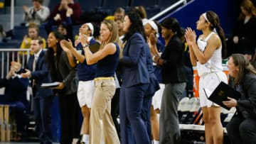 ANN ARBOR, MI - FEBRUARY 08: Michigan Wolverines head coach Kim Barnes Arico cheers on her team during a regular season Big 10 Conference basketball game between the Northwestern Wildcats and the Michigan Wolverines on February 8, 2018 at the Crisler Center in Ann Arbor, Michigan.(Photo by Scott W. Grau/Icon Sportswire via Getty Images)