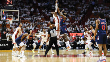 Miami Heat center Bam Adebayo (13) and Philadelphia 76ers center DeAndre Jordan (9) jump ball(Sam Navarro-USA TODAY Sports)