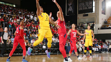 WASHINGTON, DC - AUGUST 23: guard Riquna Williams #2 of the Los Angeles Sparks drives to the basket during the game against the Washington Mystics in Round Two of the 2018 WNBA Playoffs on August 23, 2018 at George Washington University in Washington, DC. NOTE TO USER: User expressly acknowledges and agrees that, by downloading and or using this photograph, User is consenting to the terms and conditions of the Getty Images License Agreement. Mandatory Copyright Notice: Copyright 2018 NBAE (Photo by Ned Dishman/NBAE via Getty Images)