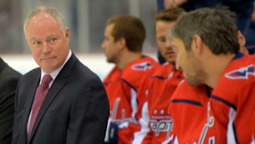 ARLINGTON, VA - APRIL 3: Washington Capitals GM Brian MacLellan ,left, talks to Alex Ovechkin,, right, during a team photo shoot at their practice facility in Arlington, VA on April 3, 2019 . (Photo by John McDonnell/The Washington Post via Getty Images)