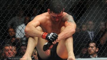 December 12, 2015; Las Vegas, NV, USA; Chris Weidman reacts following his championship loss against Luke Rockhold during UFC 194 at MGM Grand Garden Arena. Mandatory Credit: Gary A. Vasquez-USA TODAY Sports