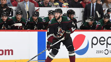 GLENDALE, AZ - OCTOBER 27: Jason Demers #55 of the Arizona Coyotes skates up ice against the Tampa Bay Lightning at Gila River Arena on October 27, 2018 in Glendale, Arizona. (Photo by Norm Hall/NHLI via Getty Images)