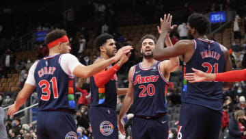 Seth Curry, Matisse Thybulle, Georges Niang, Joel Embiid, Sixers (Photo by Mark Blinch/Getty Images)