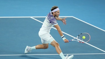 MELBOURNE, AUSTRALIA - FEBRUARY 02: Dominic Thiem of Austria plays a backhand during his Men's Singles Final match against Novak Djokovic of Serbia on day fourteen of the 2020 Australian Open at Melbourne Park on February 02, 2020 in Melbourne, Australia. (Photo by Jonathan DiMaggio/Getty Images)