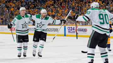 NASHVILLE, TN - FEBRUARY 7: Taylor Fedun #42 celebrates a goal with Andrew Cogliano #17 and Jason Spezza #90 of the Dallas Stars against the Nashville Predators at Bridgestone Arena on February 7, 2019 in Nashville, Tennessee. (Photo by John Russell/NHLI via Getty Images)
