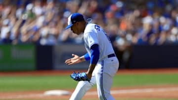 Marcus Stroman #6 of the Toronto Blue Jays celebrates after striking out the side. (Photo by Vaughn Ridley/Getty Images)