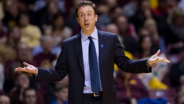 Feb 18, 2016; Minneapolis, MN, USA; Minnesota Gophers head coach Richard Pitino reacts from the sidelines in the first half against the Maryland Terrapins at Williams Arena. Mandatory Credit: Brad Rempel-USA TODAY Sports