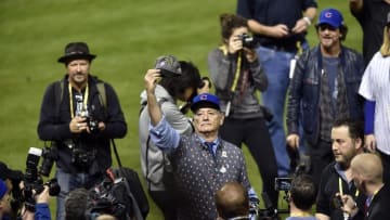 Nov 2, 2016; Cleveland, OH, USA; Movie actor Bill Murray celebrates after the Chicago Cubs defeated the Cleveland Indians in game seven of the 2016 World Series at Progressive Field. Mandatory Credit: David Richard-USA TODAY Sports