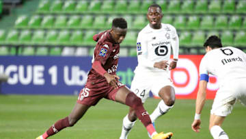 METZ, FRANCE - APRIL 9: Pape Matar Sarr of FC Metz, Boubakary Soumare of Lille during the Ligue 1 match between FC Metz and Lille OSC (LOSC) at Stade Saint-Symphorien on April 9, 2021 in Metz, France. (Photo by John Berry/Getty Images)