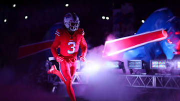 ORCHARD PARK, NY - DECEMBER 17: Damar Hamlin #3 of the Buffalo Bills runs out of the tunnel prior to an NFL football game against the Miami Dolphins at Highmark Stadium on December 17, 2022 in Orchard Park, New York. (Photo by Kevin Sabitus/Getty Images)