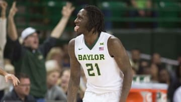 Dec 6, 2015; Waco, TX, USA; Baylor Bears forward Taurean Prince (21) celebrates after scoring against the Vanderbilt Commodores during the first half at the Ferrell Center. Mandatory Credit: Jerome Miron-USA TODAY Sports