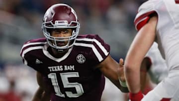 Sep 24, 2016; Dallas, TX, USA; Texas A&M Aggies defensive lineman Myles Garrett (15) in game action against the Arkansas Razorbacks at AT&T Stadium. Texas A&M won 45-24. Mandatory Credit: Tim Heitman-USA TODAY Sports