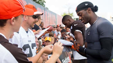 Jul 31, 2016; Berea, OH, USA; Cleveland Browns quarterback Robert Griffin III signs autographs following practice at the Cleveland Browns Training Facility in Berea, OH. Mandatory Credit: Scott R. Galvin-USA TODAY Sports