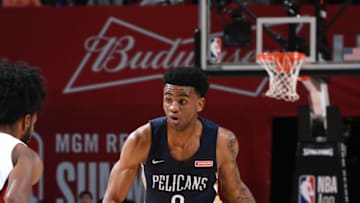 LAS VEGAS, NV - JULY 8: Nickeil Alexander-Walker #0 of the New Orleans Pelicans handles the ball against the Chicago Bulls on July 8, 2019 at the Thomas & Mack Center in Las Vegas, Nevada. NOTE TO USER: User expressly acknowledges and agrees that, by downloading and/or using this photograph, user is consenting to the terms and conditions of the Getty Images License Agreement. Mandatory Copyright Notice: Copyright 2019 NBAE (Photo by Garrett Ellwood/NBAE via Getty Images)