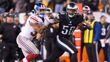 Oct 19, 2015; Philadelphia, PA, USA; Philadelphia Eagles outside linebacker Jordan Hicks (58) is pursued by New York Giants running back Shane Vereen (34) at Lincoln Financial Field. The Eagles won 27-7. Mandatory Credit: Bill Streicher-USA TODAY Sports