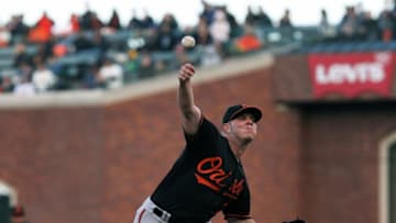 Aug 12, 2016; San Francisco, CA, USA; Baltimore Orioles starting pitcher Dylan Bundy (37) throws to the San Francisco Giants in the first inning of their MLB baseball game at AT&T Park. Mandatory Credit: Lance Iversen-USA TODAY Sports