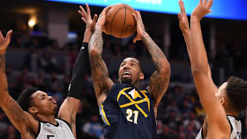 DENVER, CO - FEBRUARY 13: Denver Nuggets forward Wilson Chandler (21) goes up for a shot over San Antonio Spurs guard Dejounte Murray (5) and forward Kyle Anderson (1) during the third quarter on February 13, 2018 at Pepsi Center. (Photo by John Leyba/The Denver Post via Getty Images)
