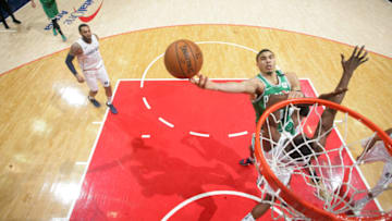 WASHINGTON, DC -  FEBRUARY 8: Jayson Tatum #0 of the Boston Celtics shoots the ball during the game against the Washington Wizards on February 8, 2018 at Capital One Arena in Washington, DC. NOTE TO USER: User expressly acknowledges and agrees that, by downloading and or using this Photograph, user is consenting to the terms and conditions of the Getty Images License Agreement. Mandatory Copyright Notice: Copyright 2018 NBAE (Photo by Ned Dishman/NBAE via Getty Images)