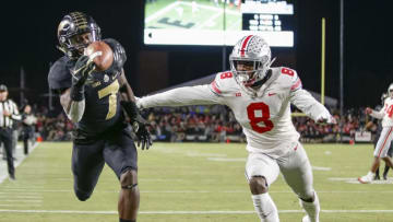 WEST LAFAYETTE, IN - OCTOBER 20: Isaac Zico #7 of the Purdue Boilermakers makes a touchdown catch in the end zone as Kendall Sheffield #8 of the Ohio State Buckeyes defends at Ross-Ade Stadium on October 20, 2018 in West Lafayette, Indiana. (Photo by Michael Hickey/Getty Images)