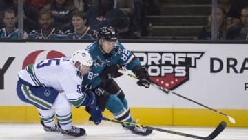 September 29, 2015; San Jose, CA, USA; San Jose Sharks right wing Nikolay Goldobin (82) is defended by Vancouver Canucks defenseman Alex Biega (55) during the second period at SAP Center at San Jose. Mandatory Credit: Kyle Terada-USA TODAY Sports