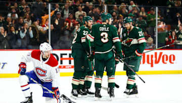 ST. PAUL, MN - DECEMBER 11: The Minnesota Wild celebrate after defenseman Jared Spurgeon (46) (not pictured) scored in the 3rd period during the game between the Montreal Canadiens and the Minnesota Wild on December 11, 2018 at Xcel Energy Center in St. Paul, Minnesota. (Photo by David Berding/Icon Sportswire via Getty Images)