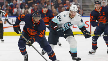 Edmonton Oilers forward Evander Kane (91) carries the puck up ice. Mandatory Credit: Perry Nelson-USA TODAY Sports