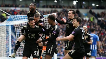 BRIGHTON, ENGLAND - MARCH 31: Vicente Iborra of Leicester City (left) celebrates with team after scoring his sides first goal during the Premier League match between Brighton and Hove Albion and Leicester City at Amex Stadium on March 31, 2018 in Brighton, England. (Photo by Steve Bardens/Getty Images)