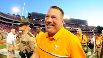 ATHENS, GA - OCTOBER 1: Head Coach Butch Jones of the Tennessee Volunteers celebrates after the game against the Georgia Bulldogs at Sanford Stadium on October 1, 2016 in Athens, Georgia. (Photo by Scott Cunningham/Getty Images)