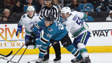Timo Meier #28 of the San Jose Sharks skates after the puck against Bo Horvat #53 of the Vancouver Canucks at SAP Center on February 15, 2018 in San Jose, California. (Photo by Rocky W. Widner/NHL/Getty Images)