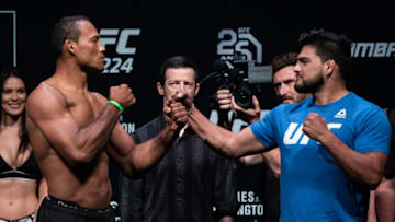 RIO DE JANEIRO, BRAZIL - MAY 11: Opponents Ronaldo Souza (L) of Brazil and Kelvin Gastelum of the United States face off during the UFC 224 weigh-in at Jeunesse Arena on May 11, 2018 in Rio de Janeiro, Brazil. (Photo by Buda Mendes/Zuffa LLC/Zuffa LLC via Getty Images)
