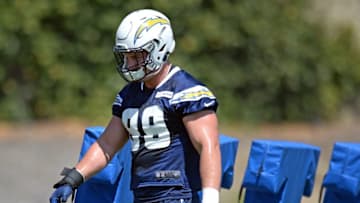 Aug 30, 2016; San Diego, CA, USA; San Diego Chargers defensive lineman Joey Bosa (99) looks on during practice at Charger Park. Mandatory Credit: Jake Roth-USA TODAY Sports