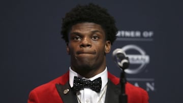 Dec 10, 2016; New York, NY, USA; Louisville quarterback and Heisman finalist Lamar Jackson speaks to the media during a press conference at the New York Marriott Marquis before the 2016 Heisman Trophy awards ceremony. Mandatory Credit: Brad Penner-USA TODAY Sports