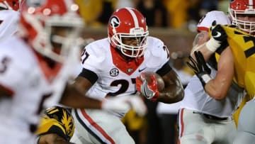Sep 17, 2016; Columbia, MO, USA; Georgia Bulldogs running back Nick Chubb (27) carries the ball against the Missouri Tigers in the first half at Faurot Field. Mandatory Credit: John Rieger-USA TODAY Sports