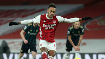 Arsenal's Gabonese striker Pierre-Emerick Aubameyang shoots from the penalty spot to score his team's second goal during the English Premier League football match between Arsenal and Leeds United at the Emirates Stadium in London on February 14, 2021. (Photo by Catherine Ivill / POOL / AFP) / RESTRICTED TO EDITORIAL USE. No use with unauthorized audio, video, data, fixture lists, club/league logos or 'live' services. Online in-match use limited to 120 images. An additional 40 images may be used in extra time. No video emulation. Social media in-match use limited to 120 images. An additional 40 images may be used in extra time. No use in betting publications, games or single club/league/player publications. / (Photo by CATHERINE IVILL/POOL/AFP via Getty Images)