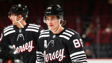Jack Hughes #86 of the New Jersey Devils warms up prior to the game against the Dallas Stars on January 25, 2022 at the Prudential Center in Newark, New Jersey. (Photo by Rich Graessle/Getty Images)