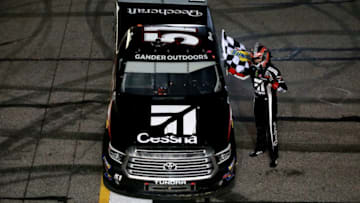 HAMPTON, GA - FEBRUARY 23: Kyle Busch, driver of the #51 Cessna Toyota, celebrates after winning the NASCAR Gander Outdoors Truck Series Ultimate Tailgating 200 at Atlanta Motor Speedway on February 23, 2019 in Hampton, Georgia. (Photo by Sean Gardner/Getty Images)