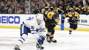 BOSTON, MA - APRIL 11: Toronto Maple Leafs right wing Mitchell Marner (16) corrals the puck on a shorthanded breakaway during Game 1 of the First Round between the Boston Bruins and the Toronto Maple Leafs on April 11, 2019, at TD Garden in Boston, Massachusetts. (Photo by Fred Kfoury III/Icon Sportswire via Getty Images)