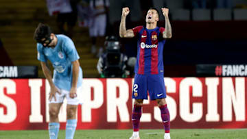 BARCELONA, SPAIN - SEPTEMBER 23: Joao Cancelo of FC Barcelona celebrating the victroy during the LaLiga EA Sports match between FC Barcelona v Celta de Vigo at the Lluis Companys Olympic Stadium on September 23, 2023 in Barcelona Spain (Photo by David S.Bustamante/Soccrates/Getty Images)