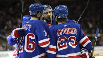 NEW YORK, NY - MARCH 24: The New York Rangers celebrate a goal by Kevin Hayes #13 of the New York Rangers in the second period against the Buffalo Sabres during their game at Madison Square Garden on March 24, 2018 in New York City. (Photo by Abbie Parr/Getty Images)