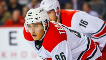Oct 20, 2016; Calgary, Alberta, CAN; Carolina Hurricanes left wing Teuvo Teravainen (86) during the face off against Calgary Flames during the first period at Scotiabank Saddledome. Mandatory Credit: Sergei Belski-USA TODAY Sports