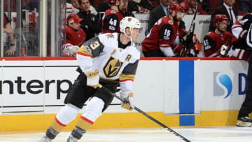GLENDALE, AZ - NOVEMBER 25: Brayden McNabb #3 of the Vegas Golden Knights skates with the puck against the Arizona Coyotes at Gila River Arena on November 25, 2017 in Glendale, Arizona. (Photo by Norm Hall/NHLI via Getty Images)