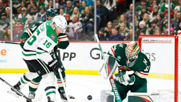 ST PAUL, MN - FEBRUARY 17: Filip Gustavsson #32 of the Minnesota Wild makes a save while Joe Pavelski #16 of the Dallas Stars competes in the second period of the game at Xcel Energy Center on February 17, 2023 in St Paul, Minnesota. (Photo by David Berding/Getty Images)