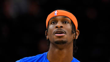 Shai Gilgeous-Alexander #2 of the Oklahoma City Thunder looks on before a game against the Utah Jazz at Vivint Smart Home Arena on April 06, 2022 in Salt Lake City, Utah. (Photo by Alex Goodlett/Getty Images)