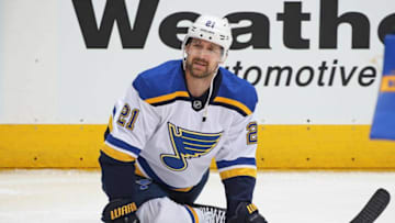 TORONTO,ON - JANUARY 16: Patrik Berglund #21 of the St.Louis Blues stretches during the warm-up prior to playing against the Toronto Maple Leafs in an NHL game at the Air Canada Centre on January 16, 2018 in Toronto, Ontario, Canada. The Blues defeated the Maple Leafs 2-1 in overtime. (Photo by Claus Andersen/Gety Images)