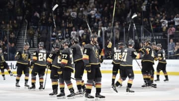 LAS VEGAS, NV - NOVEMBER 10: The Vegas Golden Knights celebrate after defeating the Winnipeg Jets at T-Mobile Arena on November 10, 2017 in Las Vegas, Nevada. (Photo by Jeff Bottari/NHLI via Getty Images)