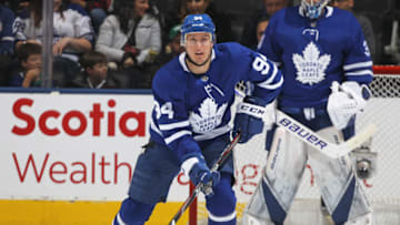 TORONTO, ON - JANUARY 18: Tyson Barrie #94 of the Toronto Maple Leafs skates with the puck against the Chicago Blackhawks during an NHL game at Scotiabank Arena on January 18, 2020 in Toronto, Ontario, Canada. The Blackhawks defeated the Maple Leafs 6-2. (Photo by Claus Andersen/Getty Images)