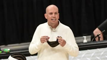 Mar 22, 2021; Milwaukee, Wisconsin, USA; Indiana Pacers head coach Nate Bjorkgren calls a play in the first quarter during the game against the Milwaukee Bucks at Fiserv Forum. Mandatory Credit: Benny Sieu-USA TODAY Sports