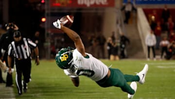 AMES, IA - NOVEMBER 7: Wide receiver R.J. Sneed #0 of the Baylor Bears pulls in a pass in the second half of the play against the Iowa State Cyclones at Jack Trice Stadium on November 7, 2020 in Ames, Iowa. The Iowa State Cyclones won 38-31. (Photo by David Purdy/Getty Images)