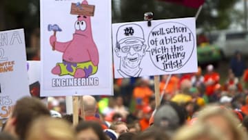 Oct 3, 2015; Clemson, SC, USA; A general view of fans at the set of ESPN College GameDay set prior to the game between the Clemson Tigers and the Notre Dame Fighting Irish at Clemson Memorial Stadium. Mandatory Credit: Joshua S. Kelly-USA TODAY Sports