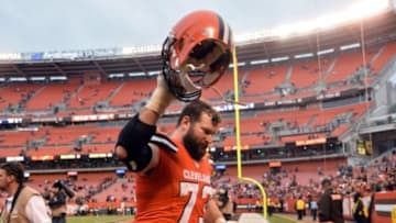 Dec 13, 2015; Cleveland, OH, USA; Cleveland Browns tackle Joe Thomas (73) leaves the field after the Cleveland Browns beat the San Francisco 49ers 24-10 at FirstEnergy Stadium. Mandatory Credit: Ken Blaze-USA TODAY Sports